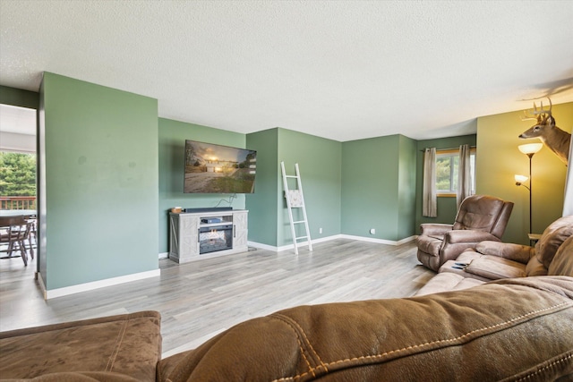 living area with wood finished floors, healthy amount of natural light, a textured ceiling, baseboards, and a glass covered fireplace