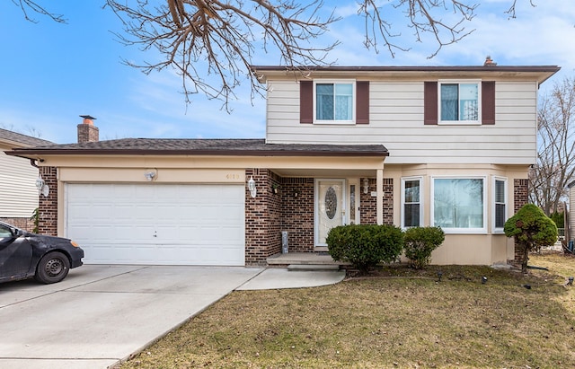 4810 Benjamin Dr, Sterling Heights, MI 48310 - view of front of house featuring brick siding, a garage, concrete driveway, a front lawn, and a chimney