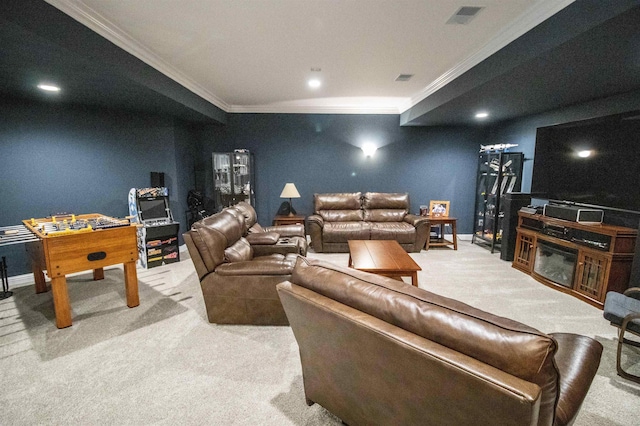 3817 Timber Green Ct, Howell, MI 48843 - living room with crown molding, carpet flooring, baseboards, and recessed lighting