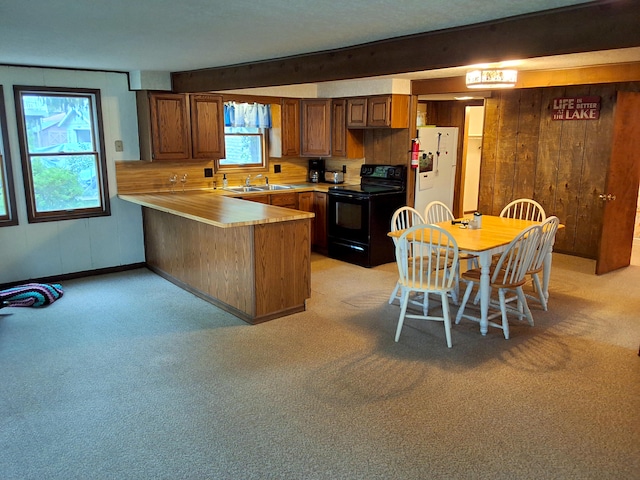 kitchen featuring black electric range oven, a sink, a peninsula, freestanding refrigerator, and light colored carpet