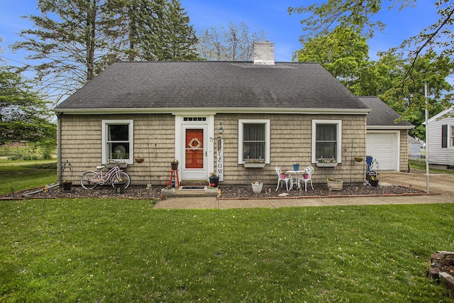 77 S Sprague St, Coldwater, MI 49036 - cape cod-style house with a chimney, a front yard, a garage, entry steps, and roof with shingles