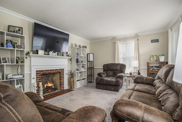 77 S Sprague St, Coldwater, MI 49036 - carpeted living area with a brick fireplace and crown molding