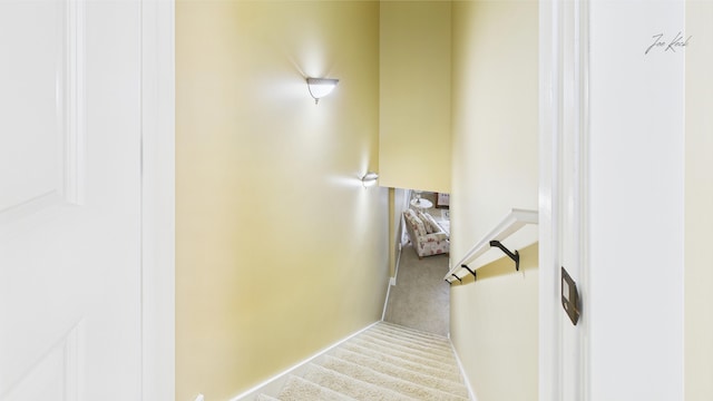 staircase with carpet floors and baseboards
