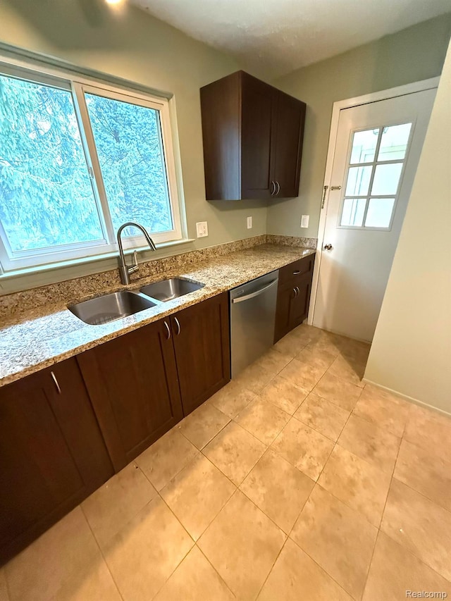 27915 Berrywood Ln Unit 72, Farmington Hills, MI 48334 - kitchen featuring dishwasher, a sink, dark brown cabinets, and light stone countertops