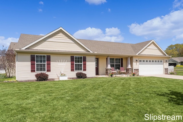 879 E Harmony Dr NE, Sparta, MI 49345 - single story home with a garage, a front yard, driveway, and a shingled roof