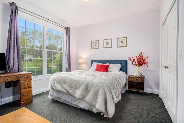bedroom with baseboards, dark carpet, and a closet