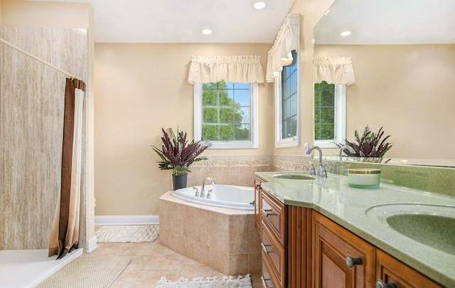 bathroom featuring a bath, tile patterned flooring, double vanity, a shower with shower curtain, and recessed lighting