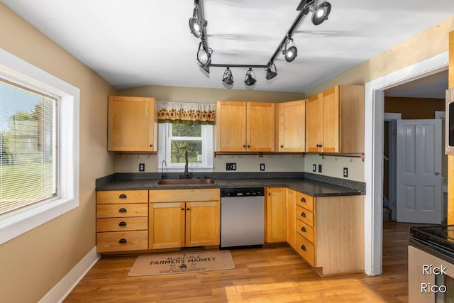 kitchen featuring stainless steel dishwasher, a sink, light wood-type flooring, and dark countertops