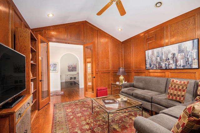 2200 Clearwood, Shelby Twp, MI 48316 - living room with ceiling fan, arched walkways, vaulted ceiling, light wood-type flooring, and recessed lighting