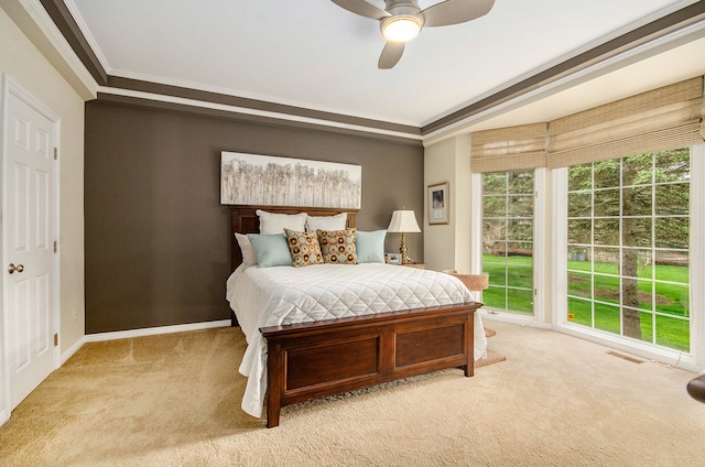 2200 Clearwood, Shelby Twp, MI 48316 - bedroom with light carpet, ornamental molding, ceiling fan, and baseboards