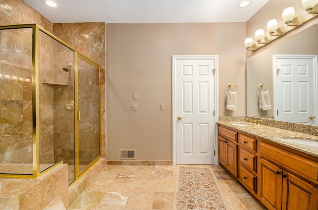 2200 Clearwood, Shelby Twp, MI 48316 - bathroom with a stall shower, double vanity, baseboards, and recessed lighting