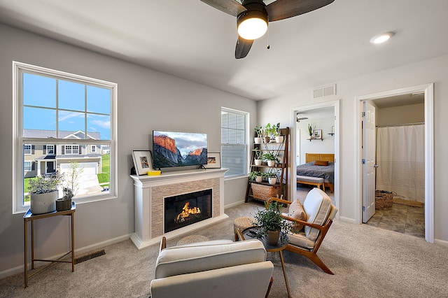 346 Quartz Way, White Lake, MI 48386 - living area featuring carpet floors, ceiling fan, and baseboards