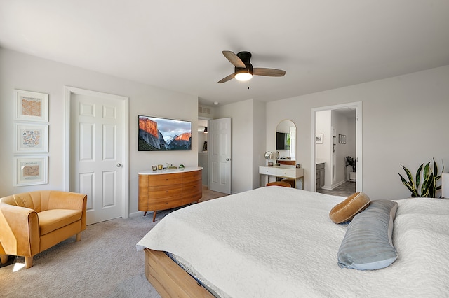 346 Quartz Way, White Lake, MI 48386 - bedroom featuring light colored carpet, a ceiling fan, baseboards, and ensuite bathroom