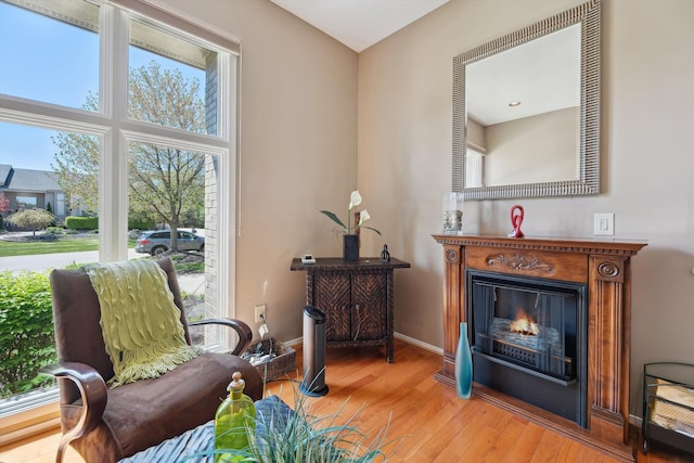 7039 Timberview Trl, West Bloomfield, MI 48322 - living area with wood finished floors, a glass covered fireplace, and baseboards