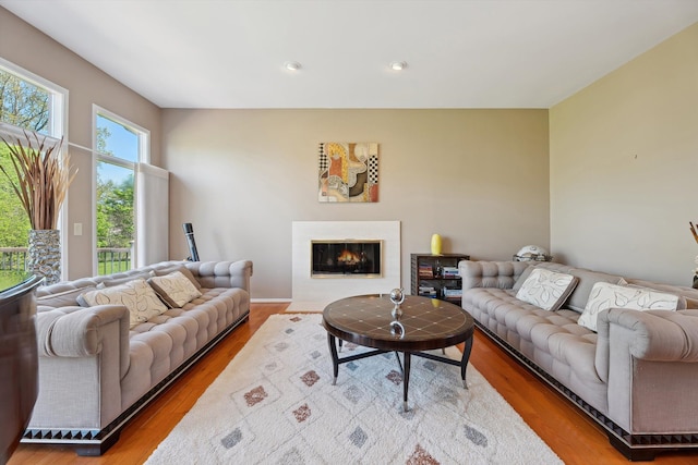 7039 Timberview Trl, West Bloomfield, MI 48322 - living area featuring wood finished floors, a fireplace with flush hearth, and recessed lighting