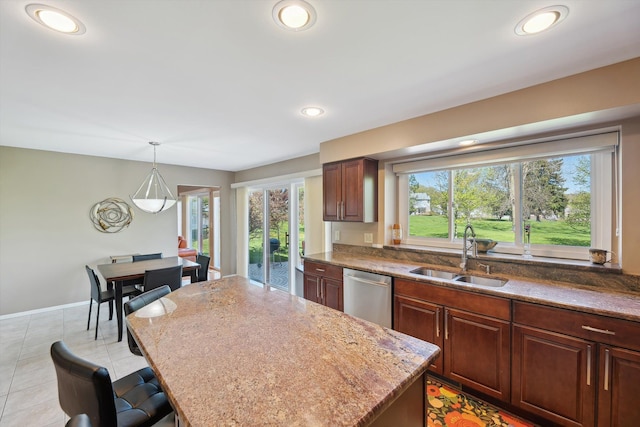 7039 Timberview Trl, West Bloomfield, MI 48322 - kitchen with a sink, dishwasher, a center island, light stone countertops, and recessed lighting