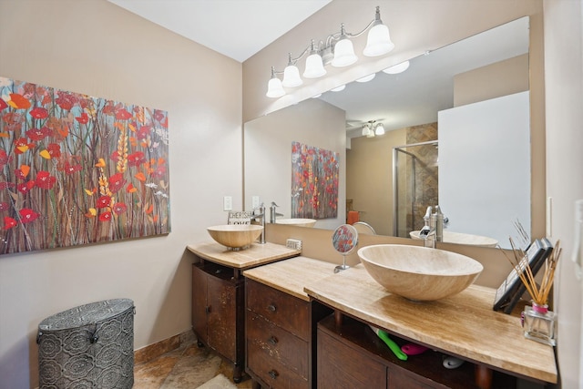 7039 Timberview Trl, West Bloomfield, MI 48322 - bathroom featuring a shower stall and two vanities