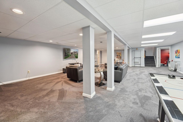7039 Timberview Trl, West Bloomfield, MI 48322 - finished below grade area featuring carpet floors, a drop ceiling, stairway, baseboards, and recessed lighting