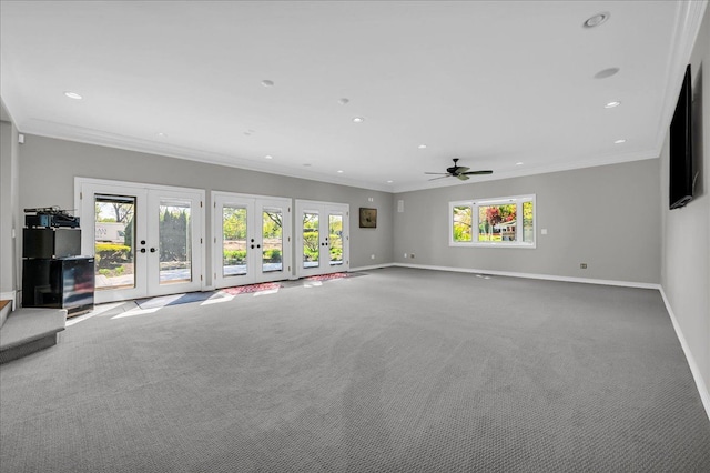 32630 Jefferson Ave, Saint Clair Shores, MI 48082 - unfurnished room with french doors, carpet floors, baseboards, ornamental molding, and a ceiling fan