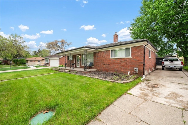 27607 Buckingham St, Livonia, MI 48154 - ranch-style house featuring brick siding, a front yard, a chimney, and driveway