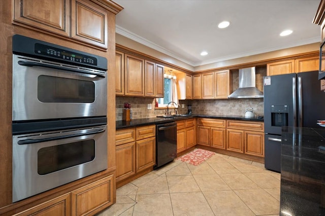 27607 Buckingham St, Livonia, MI 48154 - kitchen featuring wall chimney range hood, black appliances, a sink, crown molding, and brown cabinets