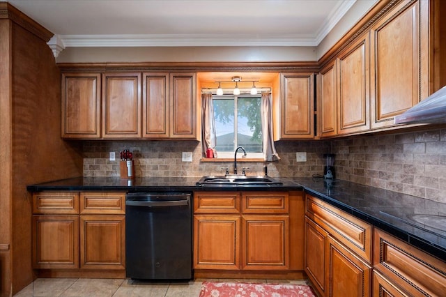27607 Buckingham St, Livonia, MI 48154 - kitchen with dishwasher, a sink, brown cabinets, dark countertops, and ornamental molding
