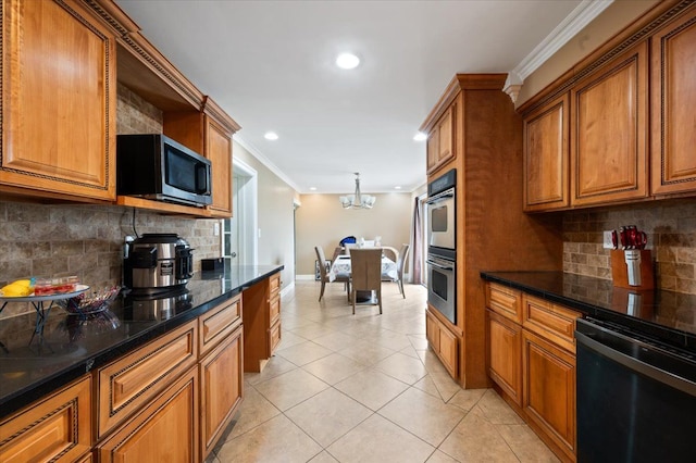 27607 Buckingham St, Livonia, MI 48154 - kitchen featuring appliances with stainless steel finishes, brown cabinets, decorative backsplash, light tile patterned floors, and crown molding