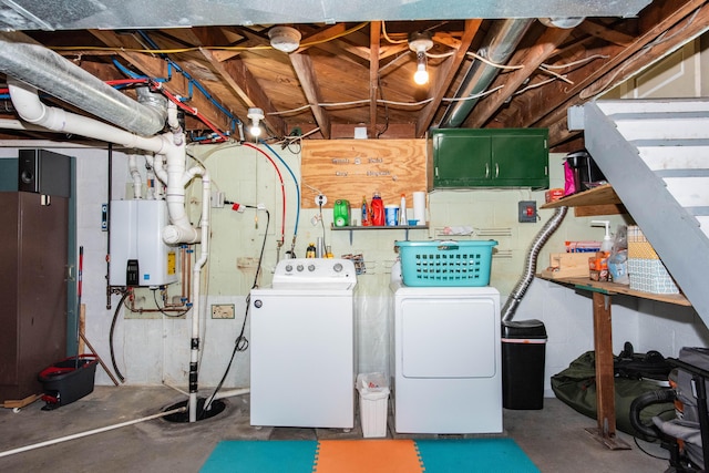 utilities with washing machine and clothes dryer and water heater
