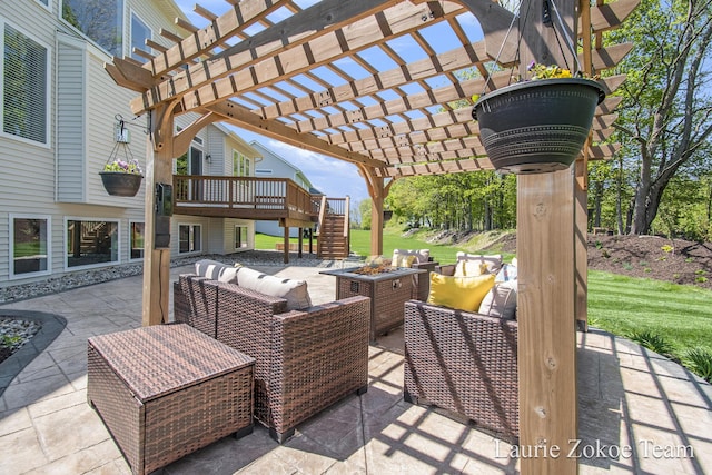 view of patio featuring an outdoor living space with a fire pit, a pergola, stairway, and a wooden deck