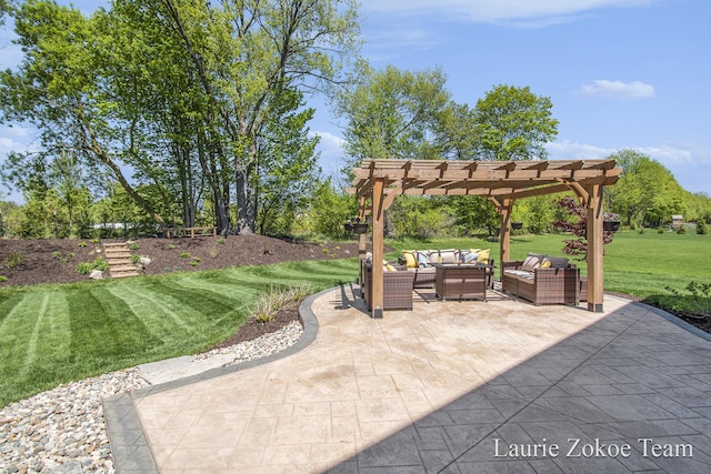 view of patio featuring outdoor lounge area and a pergola