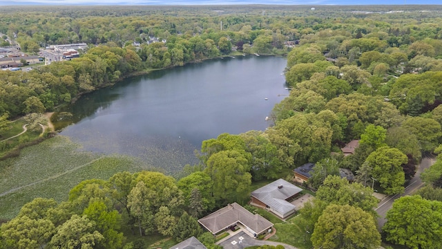 aerial view of a heavily wooded area and a nearby body of water