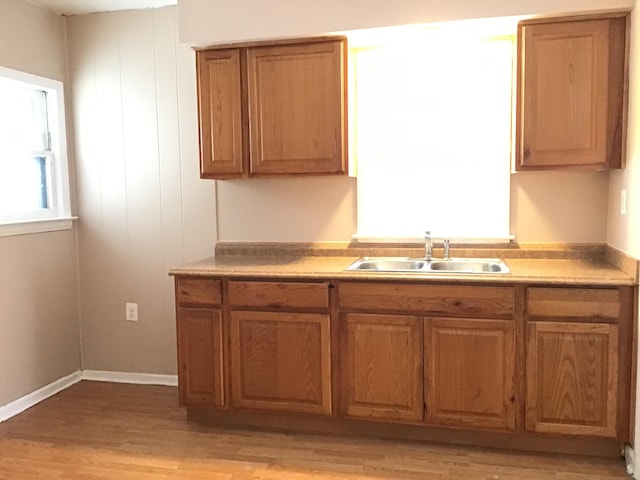 19595 Waldron St, Roseville, MI 48066 - kitchen featuring a sink, light wood-style floors, brown cabinets, and light countertops