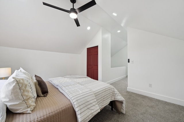 bedroom with carpet flooring, lofted ceiling, baseboards, ceiling fan, and recessed lighting