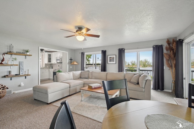 3131 Morin Point St, Erie, MI 48133 - living area featuring ceiling fan, baseboards, a textured ceiling, and light carpet