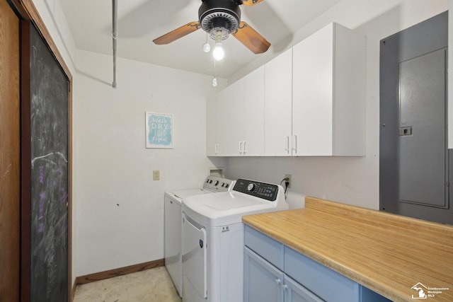 3131 Morin Point St, Erie, MI 48133 - clothes washing area with cabinet space, separate washer and dryer, a ceiling fan, electric panel, and baseboards