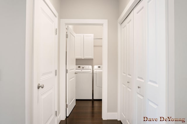hallway with washer and clothes dryer and dark wood-style floors