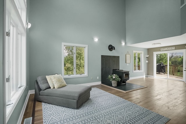 19101 Weller Rd, Gregory, MI 48137 - living area featuring a high ceiling, baseboards, a wood stove, and wood finished floors