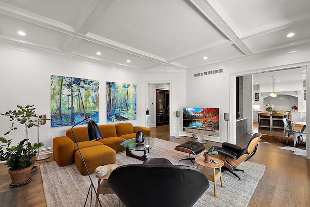 living room with coffered ceiling, wood finished floors, beamed ceiling, recessed lighting, and baseboards