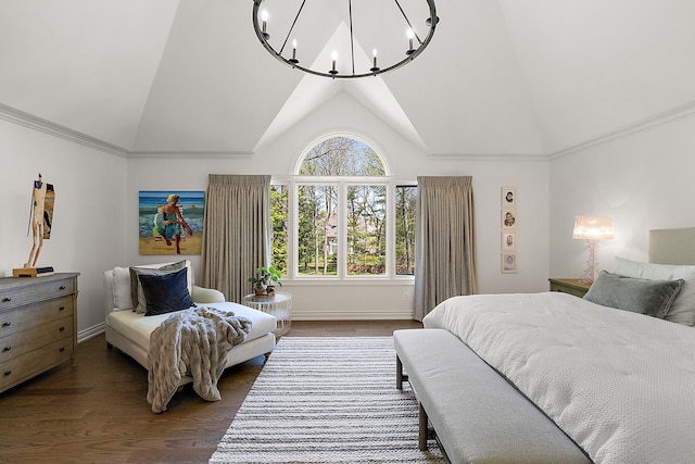 bedroom with dark wood-type flooring, a chandelier, high vaulted ceiling, and baseboards
