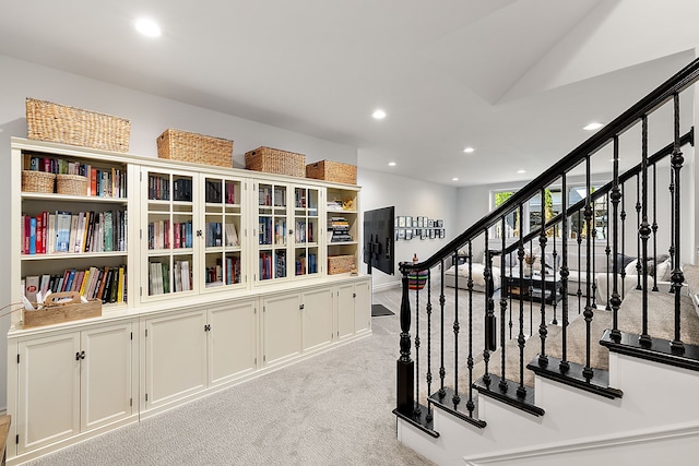 stairs with recessed lighting, carpet floors, and baseboards
