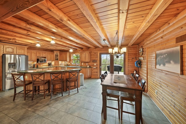 3380 Norvell Rd, Grass Lake, MI 49240 - dining area featuring a chandelier, wooden ceiling, beam ceiling, tile patterned floors, and wooden walls