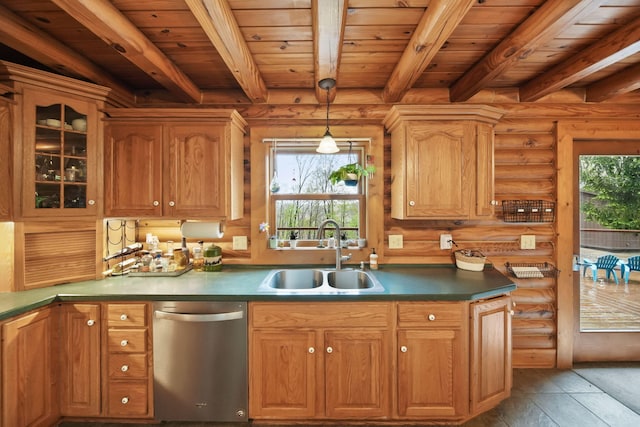 3380 Norvell Rd, Grass Lake, MI 49240 - kitchen with stainless steel dishwasher, a sink, log walls, wood ceiling, and plenty of natural light