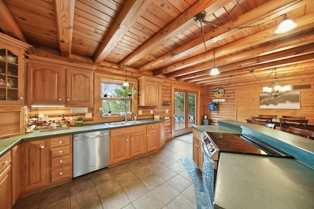 3380 Norvell Rd, Grass Lake, MI 49240 - kitchen with appliances with stainless steel finishes, a sink, wooden ceiling, dark countertops, and a chandelier