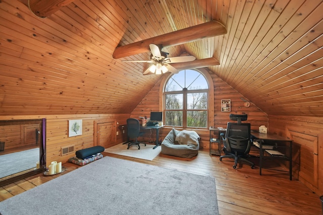 3380 Norvell Rd, Grass Lake, MI 49240 - office space featuring hardwood / wood-style flooring, wood ceiling, ceiling fan, and rustic walls