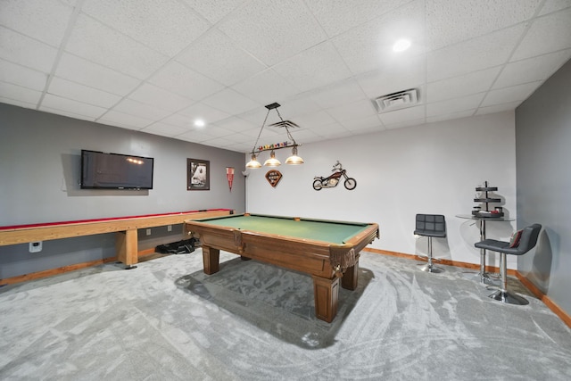 3380 Norvell Rd, Grass Lake, MI 49240 - recreation room featuring carpet flooring, baseboards, billiards, and a paneled ceiling