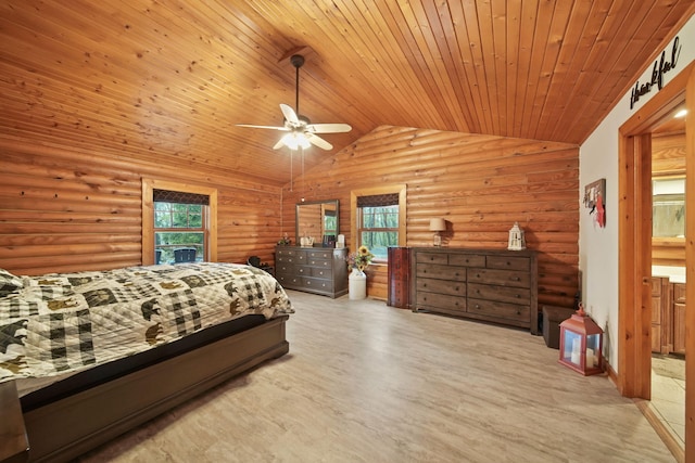 3380 Norvell Rd, Grass Lake, MI 49240 - bedroom with vaulted ceiling, wooden ceiling, wood finished floors, log walls, and ceiling fan