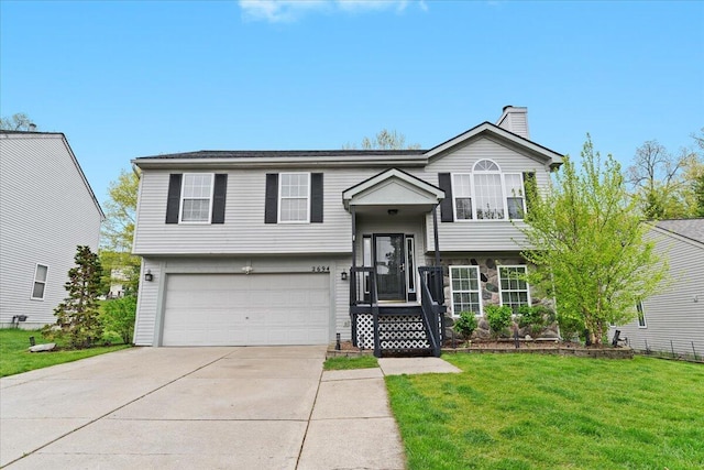 2694 Driftwood Dr, Waterford, MI 48329 - split foyer home with a garage, a front yard, driveway, and a chimney