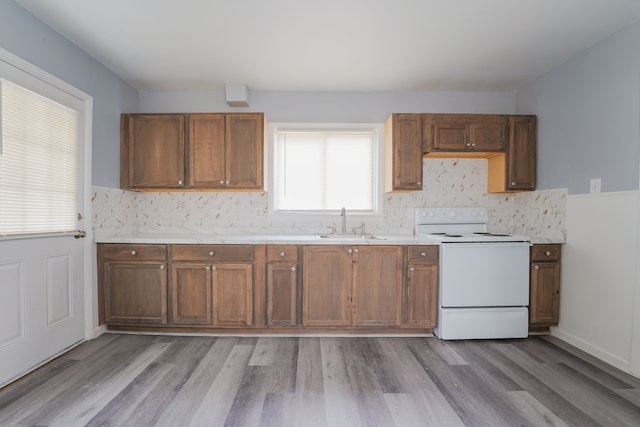 4226 Cadillac Ave, Wayne, MI 48184 - kitchen with white range with electric cooktop, a sink, light wood-style floors, backsplash, and light countertops