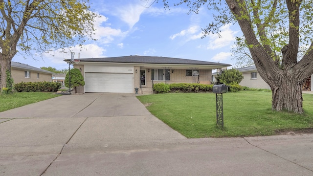 ranch-style home featuring an attached garage, a front yard, brick siding, concrete driveway, and covered porch
