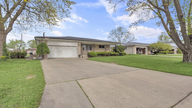 ranch-style house with a front yard, an attached garage, brick siding, concrete driveway, and a porch